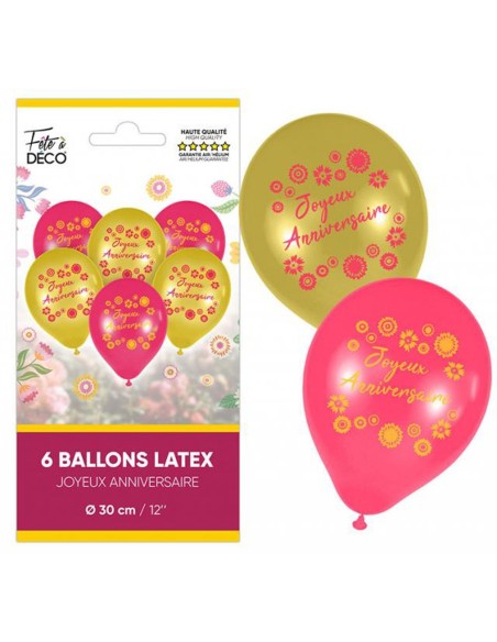 6 ballons Joyeux Anniversaire thème floral pour décoration de salle