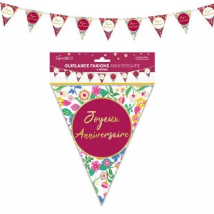 Guirlande fanions Joyeux Anniversaire thème floral pour déco de salle