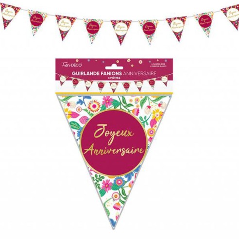 Guirlande fanions Joyeux Anniversaire thème floral pour déco de salle
