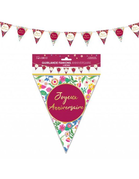 Guirlande fanions Joyeux Anniversaire thème floral pour déco de salle