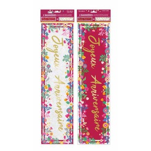 2 bannières Joyeux Anniversaire thème floral pour déco de salle