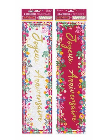 2 bannières Joyeux Anniversaire thème floral pour déco de salle