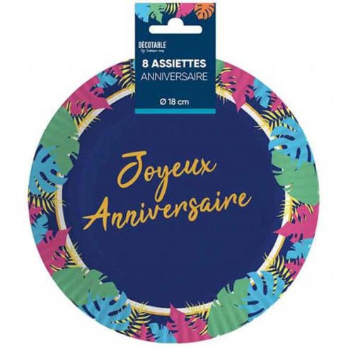 8 assiettes Joyeux Anniversaire ⌀ 18cm thème tropical déco de table