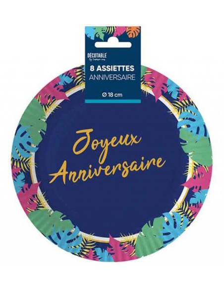 8 assiettes Joyeux Anniversaire ⌀ 18cm thème tropical déco de table