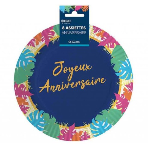 8 assiettes Joyeux Anniversaire ⌀ 23cm thème tropical déco de table