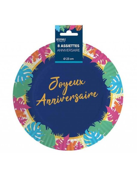 8 assiettes Joyeux Anniversaire ⌀ 23cm thème tropical déco de table