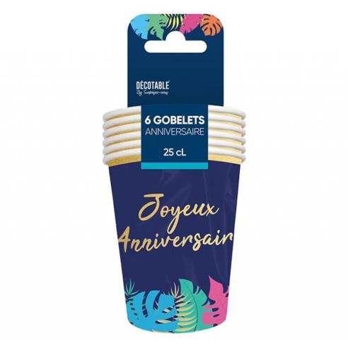 6 gobelets thème tropical Joyeux Anniversaire 25cl pour déco de table