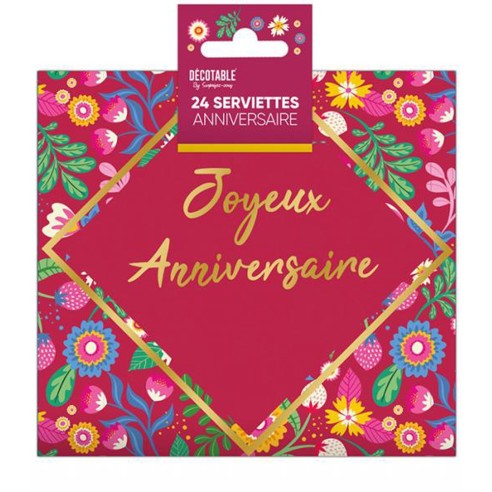 24 serviettes papier thème floral Joyeux Anniversaire