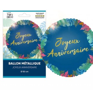 Ballon Joyeux Anniversaire métallisé thème tropical pour déco de salle