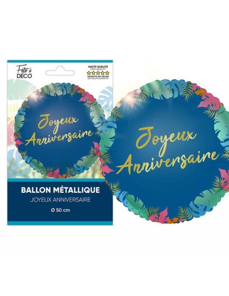 Ballon Joyeux Anniversaire métallisé thème tropical pour déco de salle