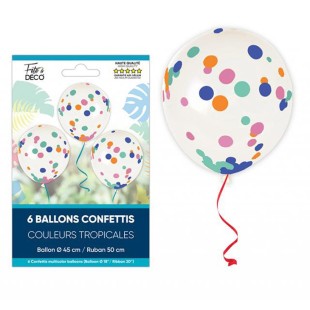 6 ballons confettis avec rubans thème tropical pour déco anniversaire