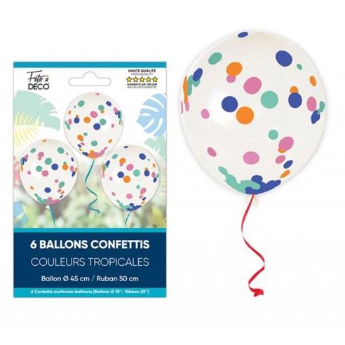 6 ballons confettis avec rubans thème tropical pour déco anniversaire