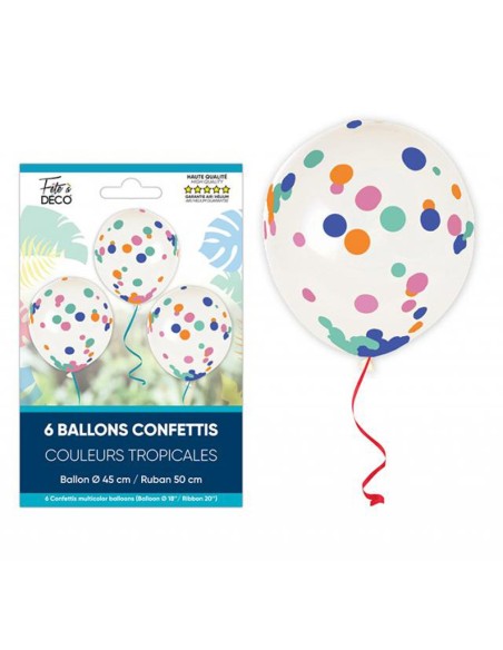 6 ballons confettis avec rubans thème tropical pour déco anniversaire