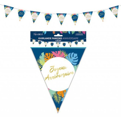 Guirlande fanions Joyeux Anniversaire thème tropical pour déco de salle