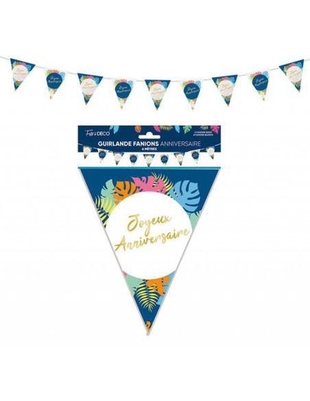 Guirlande fanions Joyeux Anniversaire thème tropical pour déco de salle