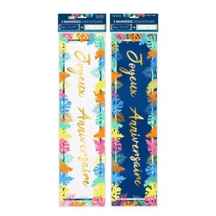 2 bannières Joyeux Anniversaire thème tropical pour déco de salle