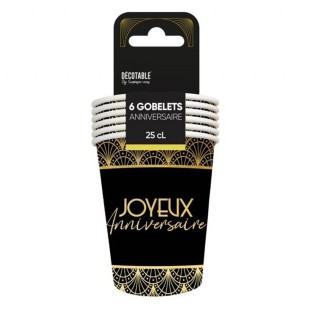 6 gobelets thème Art Déco Joyeux Anniversaire 25cl cartonnés