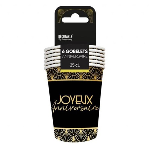 6 gobelets thème Art Déco Joyeux Anniversaire 25cl cartonnés