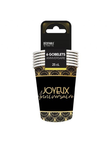 6 gobelets thème Art Déco Joyeux Anniversaire 25cl cartonnés