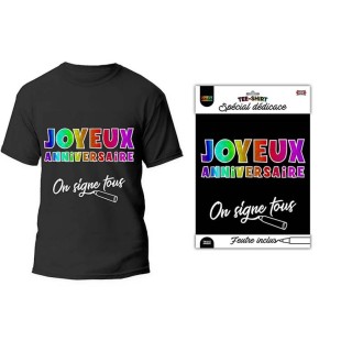 T-shirt à signer noir Joyeux Anniversaire  dédicace feutre inclus