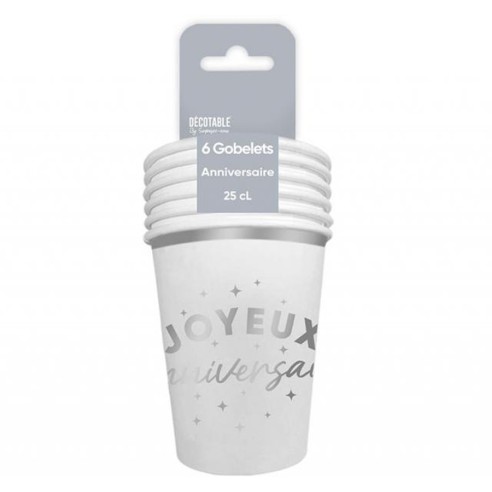 6 gobelets Joyeux Anniversaire colorés 25cl pour adultes et enfants