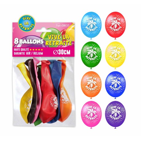 8 ballons latex Vive la Retraite assortis pour pot de départ