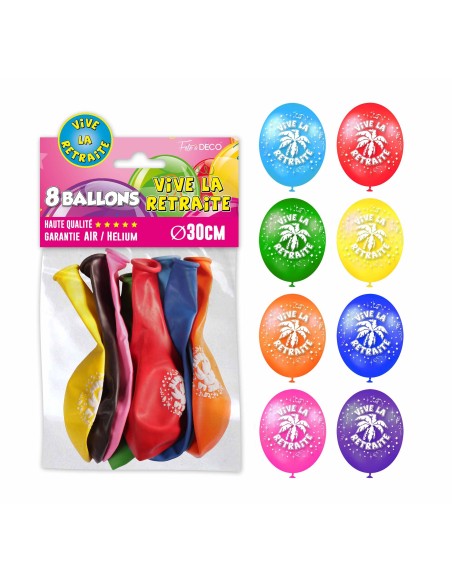 8 ballons latex Vive la Retraite assortis pour pot de départ