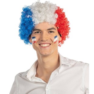 Perruque France bouclée bleu blanc rouge pour supporter sportif
