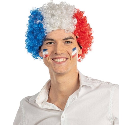 Perruque France bouclée bleu blanc rouge pour supporter sportif