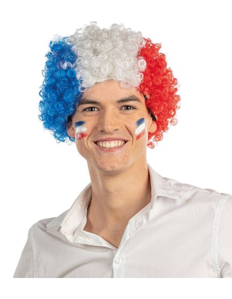 Perruque France bouclée bleu blanc rouge pour supporter sportif