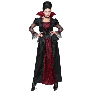 Déguisement de vampiresse royale avec robe noire et bordeaux