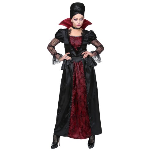 Déguisement de vampiresse royale avec robe noire et bordeaux