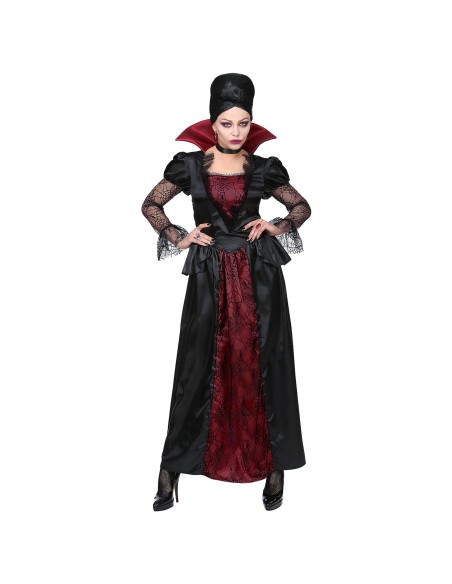 Déguisement de vampiresse royale avec robe noire et bordeaux