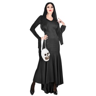Déguisement longue robe noire Morticia avec sac tête de mort