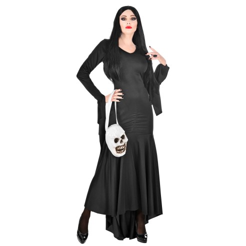 Déguisement longue robe noire Morticia avec sac tête de mort