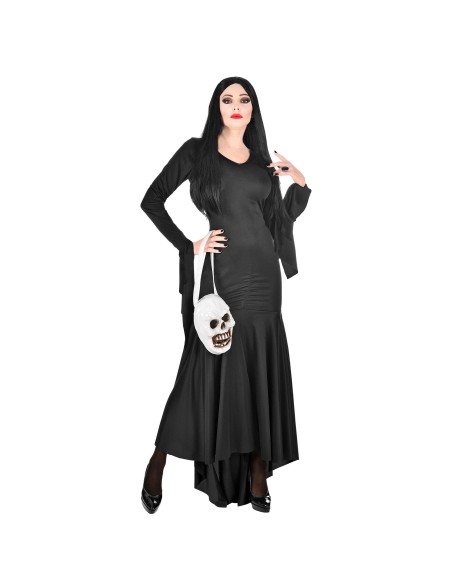 Déguisement longue robe noire Morticia avec sac tête de mort