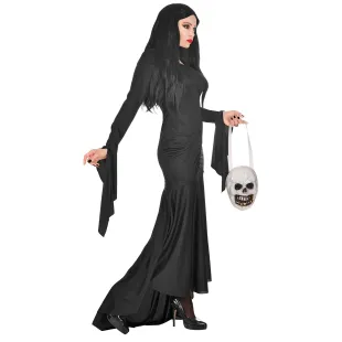 Déguisement longue robe noire Morticia avec sac tête de mort 2