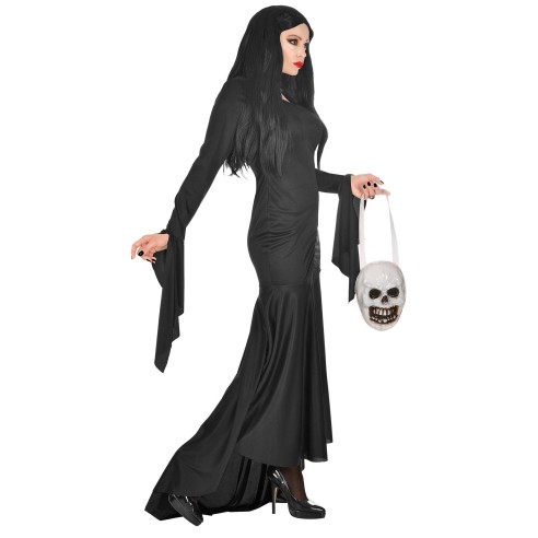 Déguisement longue robe noire Morticia avec sac tête de mort