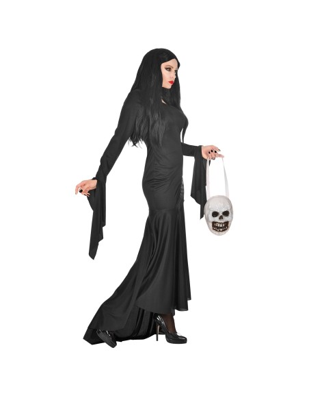 Déguisement longue robe noire Morticia avec sac tête de mort