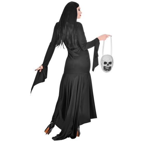 Déguisement longue robe noire Morticia avec sac tête de mort