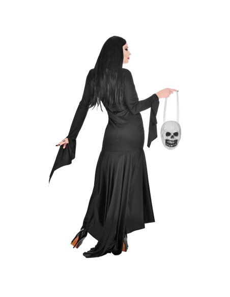 Déguisement longue robe noire Morticia avec sac tête de mort