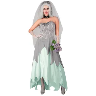 Déguisement fiancée zombie avec longue robe, coiffe et bouquet