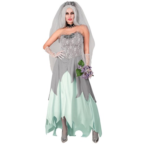 Déguisement fiancée zombie avec longue robe, coiffe et bouquet