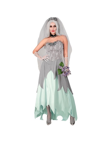 Déguisement fiancée zombie avec longue robe, coiffe et bouquet