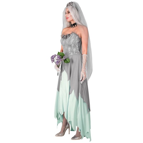 Déguisement fiancée zombie avec longue robe, coiffe et bouquet