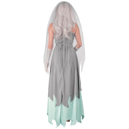 Déguisement fiancée zombie avec longue robe, coiffe et bouquet