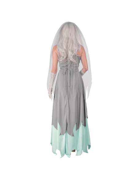 Déguisement fiancée zombie avec longue robe, coiffe et bouquet
