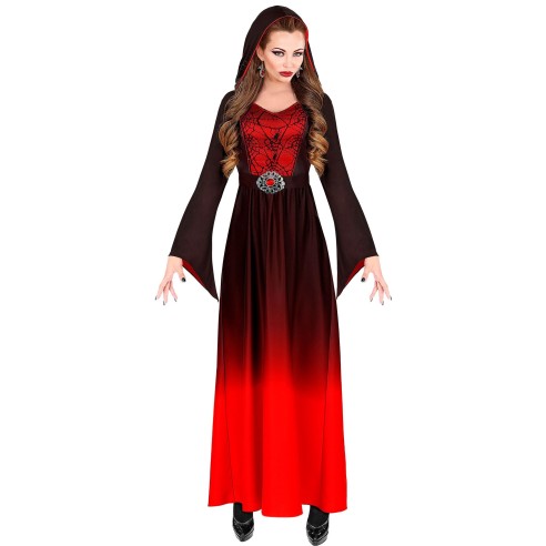Déguisement dame gothique avec longue robe rouge pour Halloween