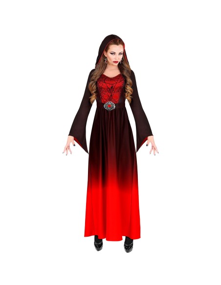 Déguisement dame gothique avec longue robe rouge pour Halloween