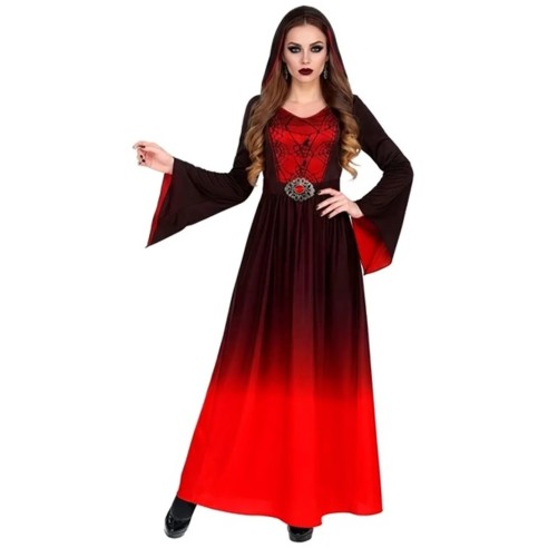 Déguisement dame gothique avec longue robe rouge pour Halloween